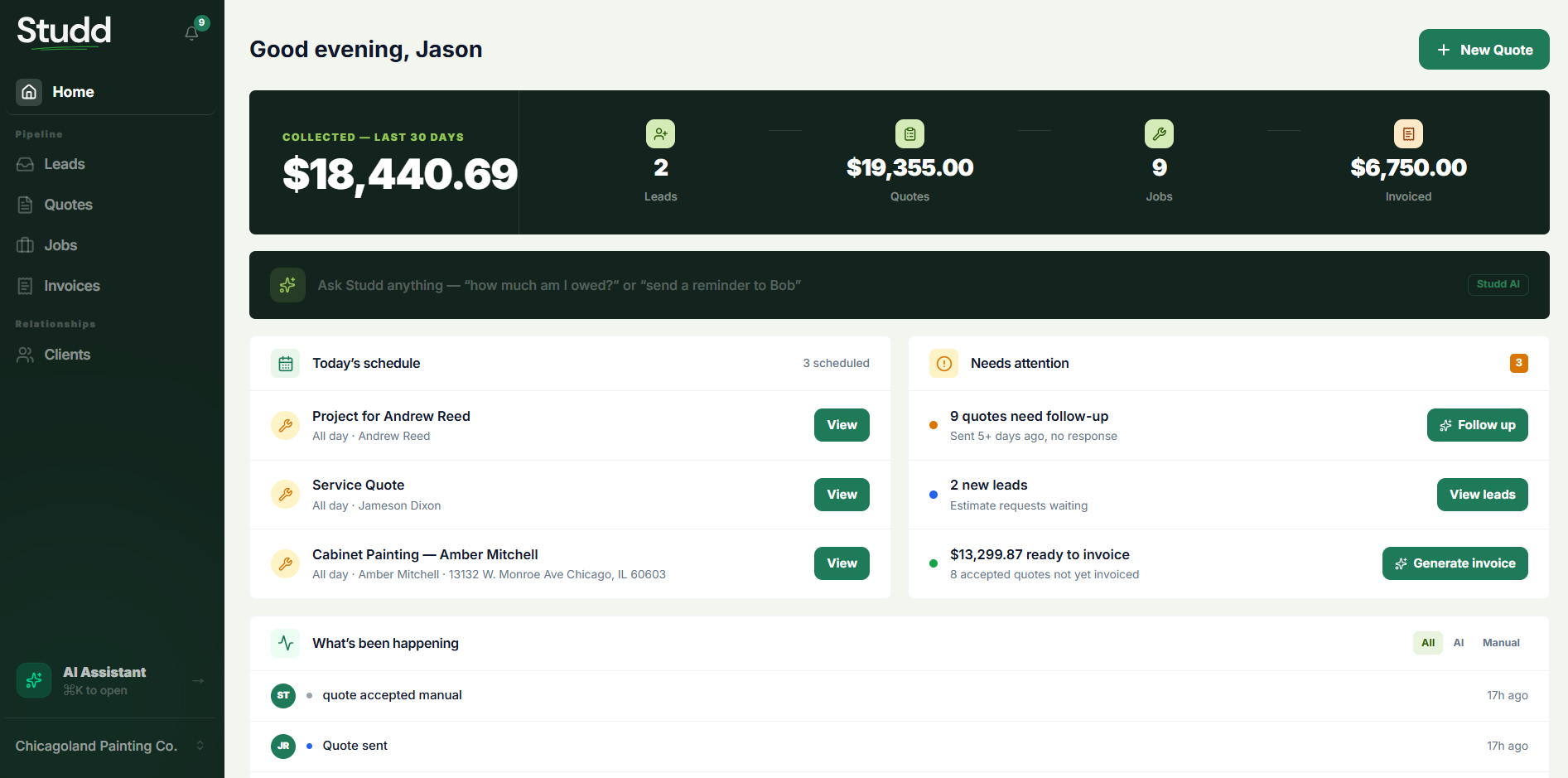 Studd full workspace — sidebar navigation, business metrics, today's schedule, needs attention, and activity feed