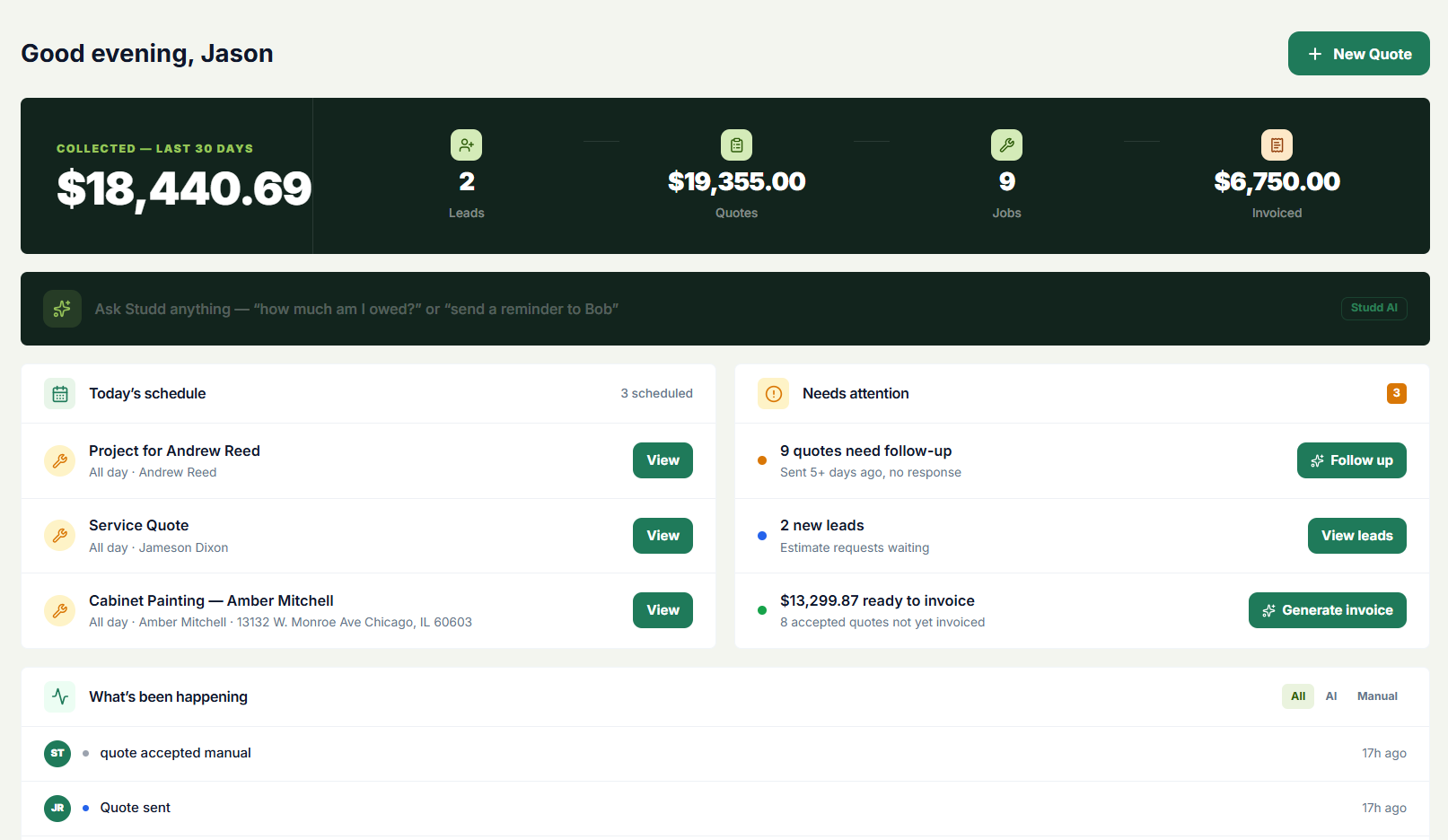 Studd Home dashboard — business summary, today's schedule, and needs-attention items